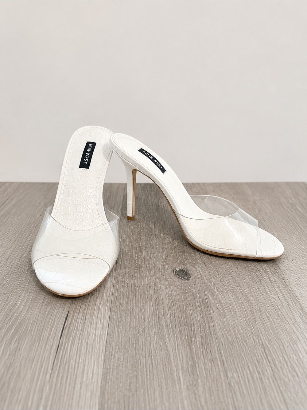 Nine West Ido3 Heeled Sandal in White Croc Embossed Faux Leather